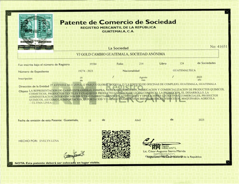 Patente de Comercio de Sociedad de VJ Gold Cambio Guatemala, S.A.